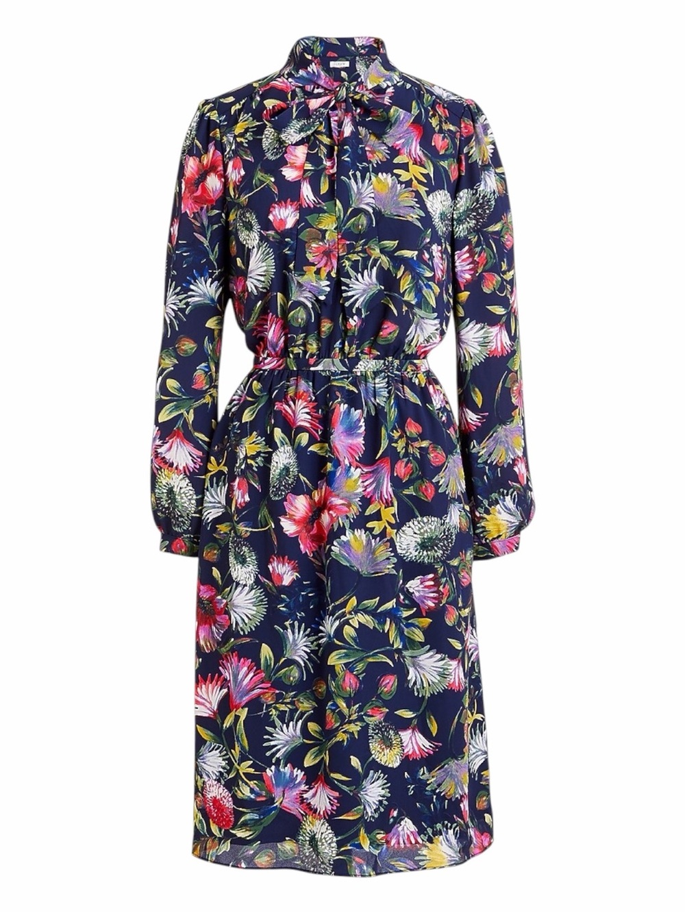 NWT! J. Crew Navy Floral Multicolor Long-Sleeve Tie-Neck Dress. Size XS.
